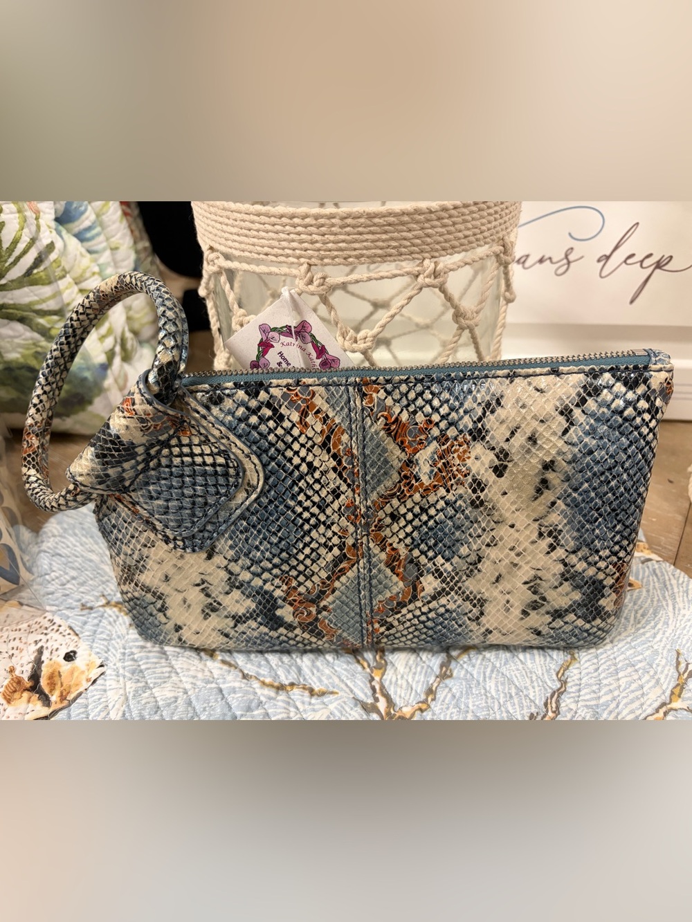Hobo Sable Leather Blue Snake-Print Wristlet Clutch -